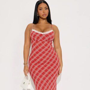 Katie Plaid Chiffon Lace Trim Maxi Dress